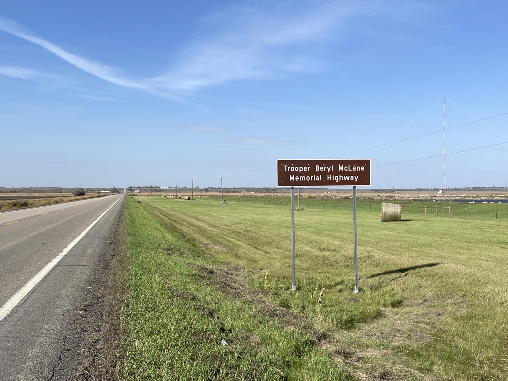 Trooper Beryl McLane highway memorial sign near LaMoure